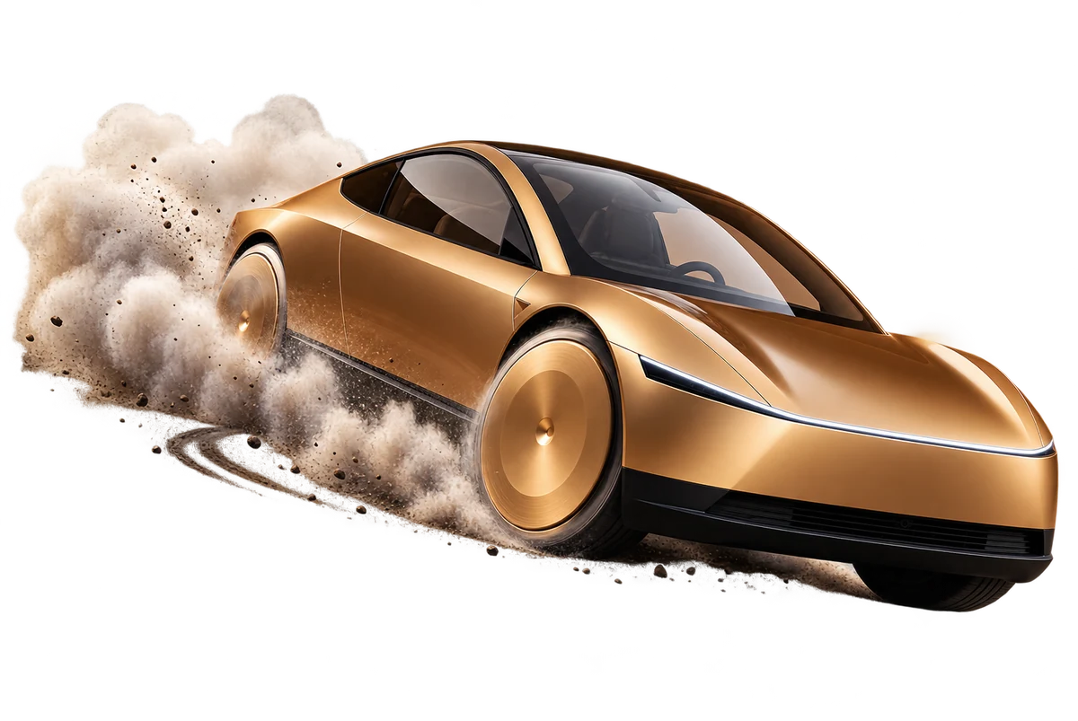 Cybercab accelerating and throwing up dust.