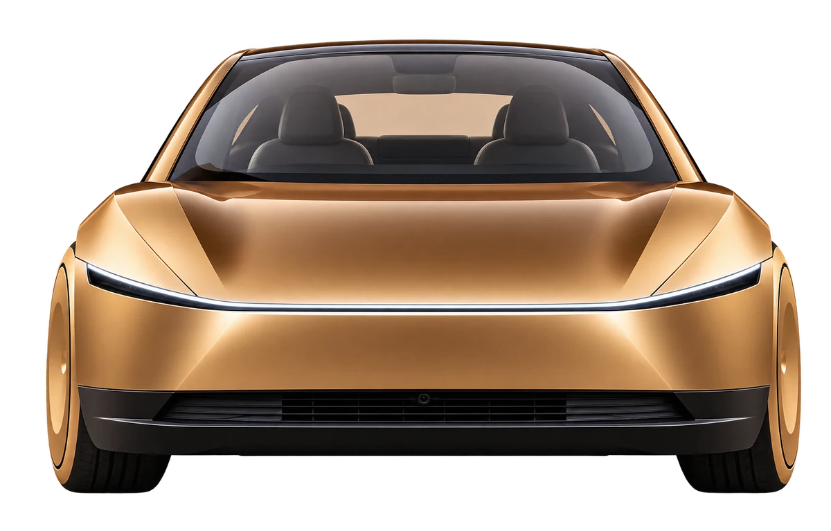 Cybercab head on: full-width light bar, no mirrors, no door handles, two seats behind the glass.